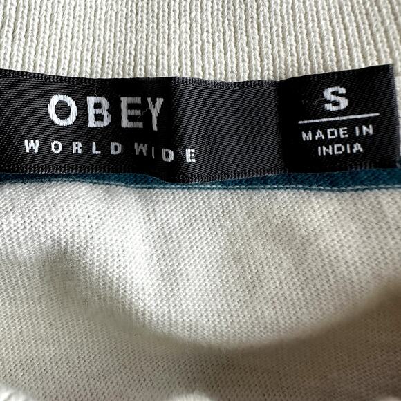 Obey Glenview Polo Crop Top Striped Logo Long Sleeve 100% Cotton Multicolor S - Picture 3 of 6